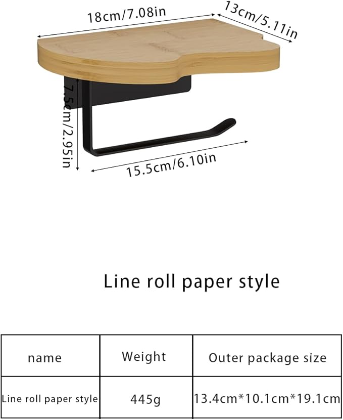 Wall Mounted Toilet Paper Holder with Shelf, Bamboo Wood and Matte Black Metal, 7.08x5.11 Inch Storage Rack for Bathroom