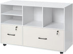 VEVOR 2 Drawer Wooden File Cabinet, Mobile Filing Cabinet with Open Shelves, Lockable Lateral Rolling File Storage with Adjustable Shelves, Free Standing Printer Stand for Home Office School, White