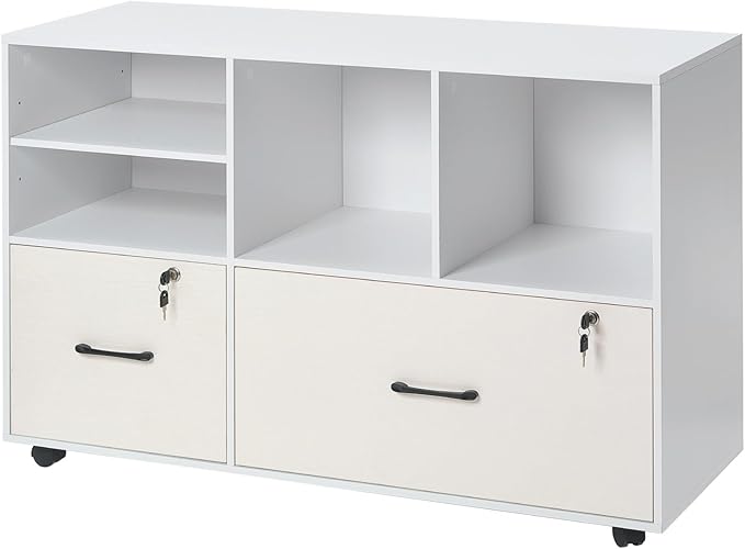 VEVOR 2 Drawer Wooden File Cabinet, Mobile Filing Cabinet with Open Shelves, Lockable Lateral Rolling File Storage with Adjustable Shelves, Free Standing Printer Stand for Home Office School, White