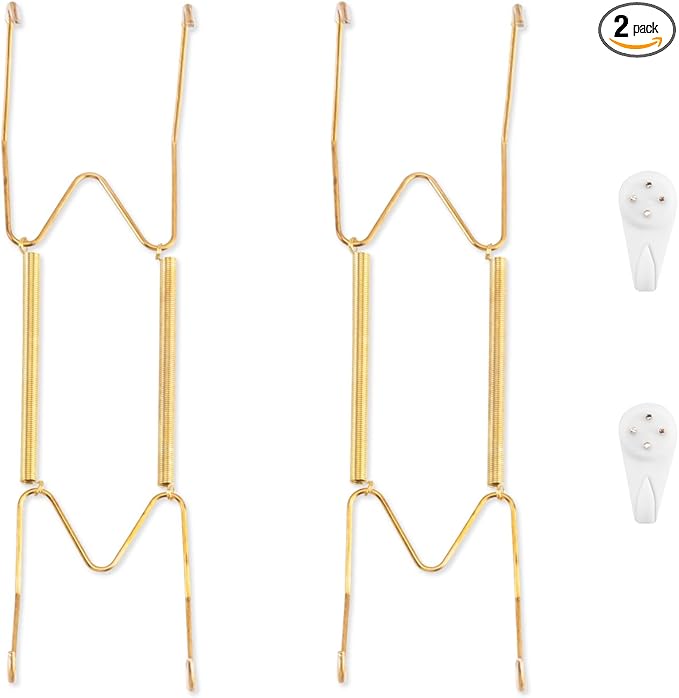 2 Pack Plate Hangers for The Wall, Suitable for 9-11 inch Art Plate, Stainless Steel Invisible Heavy Duty Wire Plate Holder with Wall Hooks, Plate Hangers for Displaying Plates, Platter, Dish, Gold