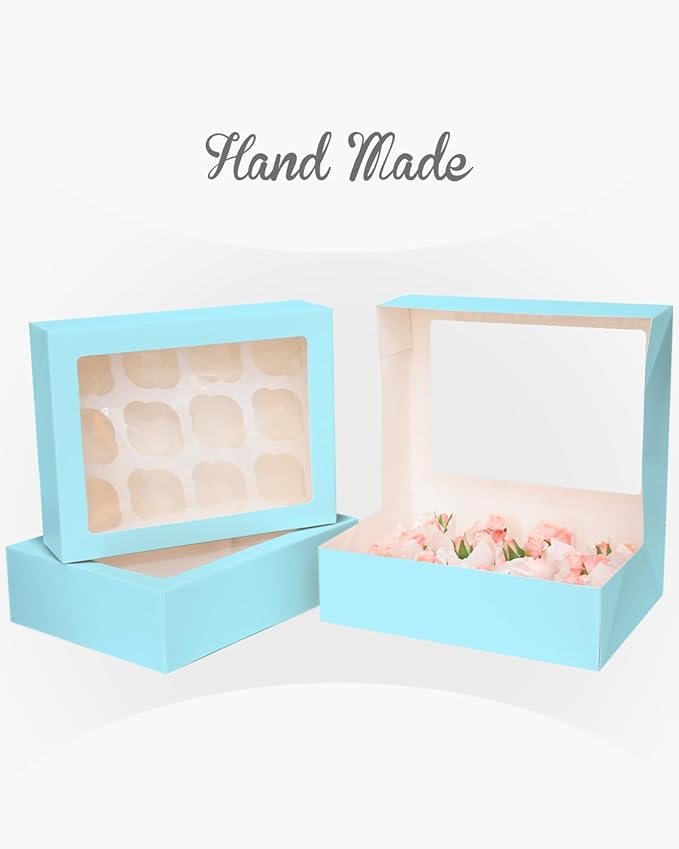 Bakepacker 12 Cupcake Containers 10-Packs Light Blue Cupcake Box Cupcakes Carrier, 12 Cupcake Boxes with Window 13"x10"x3.5"（Auto-pop up）