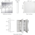 Design House Cyprus 25-in. Wide Medicine Cabinet, 3 Frameless Mirrored Doors, 2 Interior Shelves, Pre-Assembled, Surface or Recess Mounted, White/Clear, 25.1 in. W x 4.4 in. D x 24.5 in. H, 597484