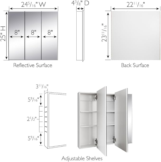 Design House Cyprus 25-in. Wide Medicine Cabinet, 3 Frameless Mirrored Doors, 2 Interior Shelves, Pre-Assembled, Surface or Recess Mounted, White/Clear, 25.1 in. W x 4.4 in. D x 24.5 in. H, 597484