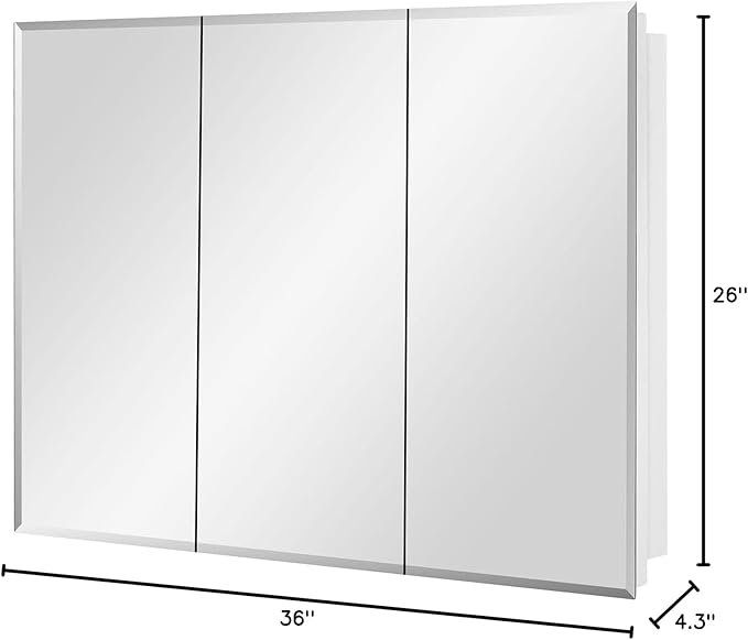 Bathroom Medicine Cabinet with Beveled Edge Mirrored Door 36 x 26 inch, Recessed or Surface Mount, with Adjustable Glass Shelves