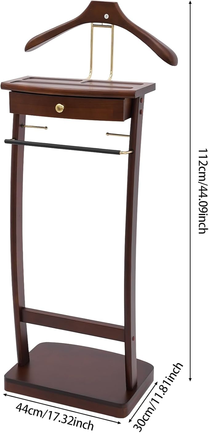 Suit Valet Stand for Man, 17.32x11.81x44.09in Wood Clothes Stand with Top Tray, Men Contour Hanger Valet Stand with Drawer, velvet lining, 66.14 lbs Load-bearing Capacity, Anti-slip Trouser Rack