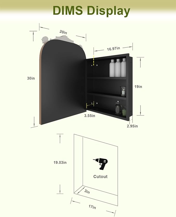 20"x30" Vintage Arched Bathroom Medicine Cabinet with Mirror, Hand-Painted Flower on Aluminum Frame Art Decor Medicine Cabinets Recessed / Wall Mounted, 2 Stable & Removable Shelves and 1 Organizer