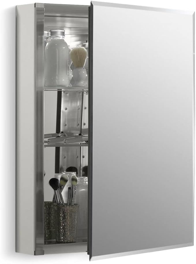Kohler CB-CLC2026FS Frameless Bathroom Mirror Medicine Cabinet, Single Door, Rectangular Beveled Edge Frame, Bathroom Cabinet Mirror, Adjustable Shelves, 20 in. W x 26 in. H