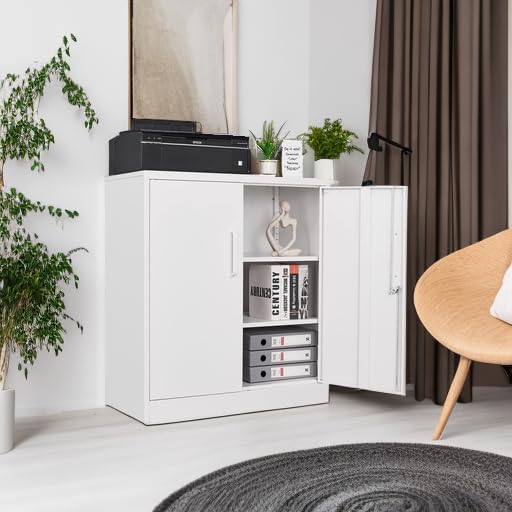 STANI Metal Storage Cabinet, Storage Cabinet with 2 Adjustable Shelves, Steel Counter Cabinet with Lockable Doors for Home Office (White)