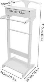 Suit Valet Stand for Men and Women, Wood Valet Stand with Drawer, Tray, Shoe Shelf and Suit Rack, Freestanding Clothes Rack Storage Organizer for Entryway Office Living Room, White