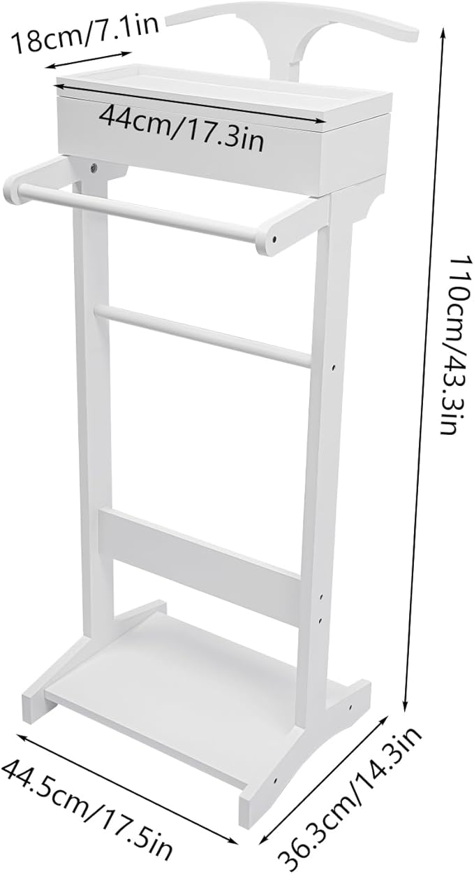 Suit Valet Stands with Drawer & Trouser Holder - Freestanding Wood Suit Rack for Clothes, Hats, Bags | MDF & Solid Wood, 22 lbs Capacity, Space Saving (White)
