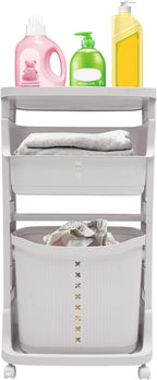 Laundry Basket Hampers,3-Layer Stackable Laundry Basket System Rolling Storage Cart, Vertical Laundry Sorter with Wheel for Kitchen Shelf,Fruit Stand,Clothes Basket (WHite)