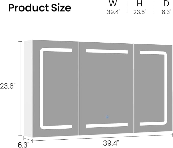 Hasuit Medicine Cabinet Organizer with Mirror, Lighted Bathroom Medicine Cabinet with Storage, 3 Doors Bathroom Wall Cabinet with LED Lights, Adjustable Shelves & Outlets, 39.4'' x 23.6'', White