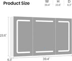 Hasuit Medicine Cabinet Organizer with Mirror, Lighted Bathroom Medicine Cabinet with Storage, 3 Doors Bathroom Wall Cabinet with LED Lights, Adjustable Shelves & Outlets, 39.4'' x 23.6'', White