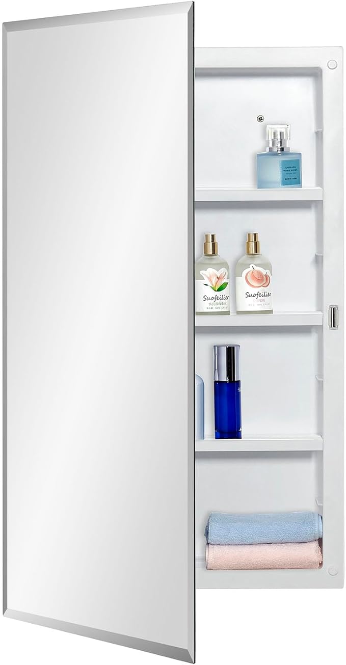 Plastic Medicine Mirror Cabinet for Bathroom 16 x 28 inch, Recessed and Surface Mount