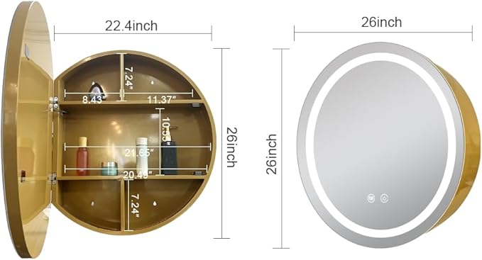26inch Round Medicine Cabinet with Lights,Led Medicine Cabinet with Defogger,Illuminated Mirror Cabinet for Bathroom,Dimmable,Anti-Fog,3 Colors,Surface Mount only,Gold