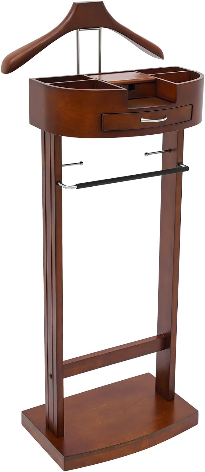 LOYALHEARTDY Valet Stand for Men, Clothes Valet Stand with Drawer, Vintage Suit Stand with Charging Station, Wooden Suit Rack & Trouser Holder,Coat & Tie Organizer for Bedroom Office (Walnut Color)