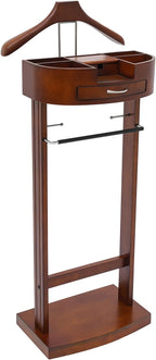 LOYALHEARTDY Valet Stand for Men, Clothes Valet Stand with Drawer, Vintage Suit Stand with Charging Station, Wooden Suit Rack & Trouser Holder,Coat & Tie Organizer for Bedroom Office (Walnut Color)