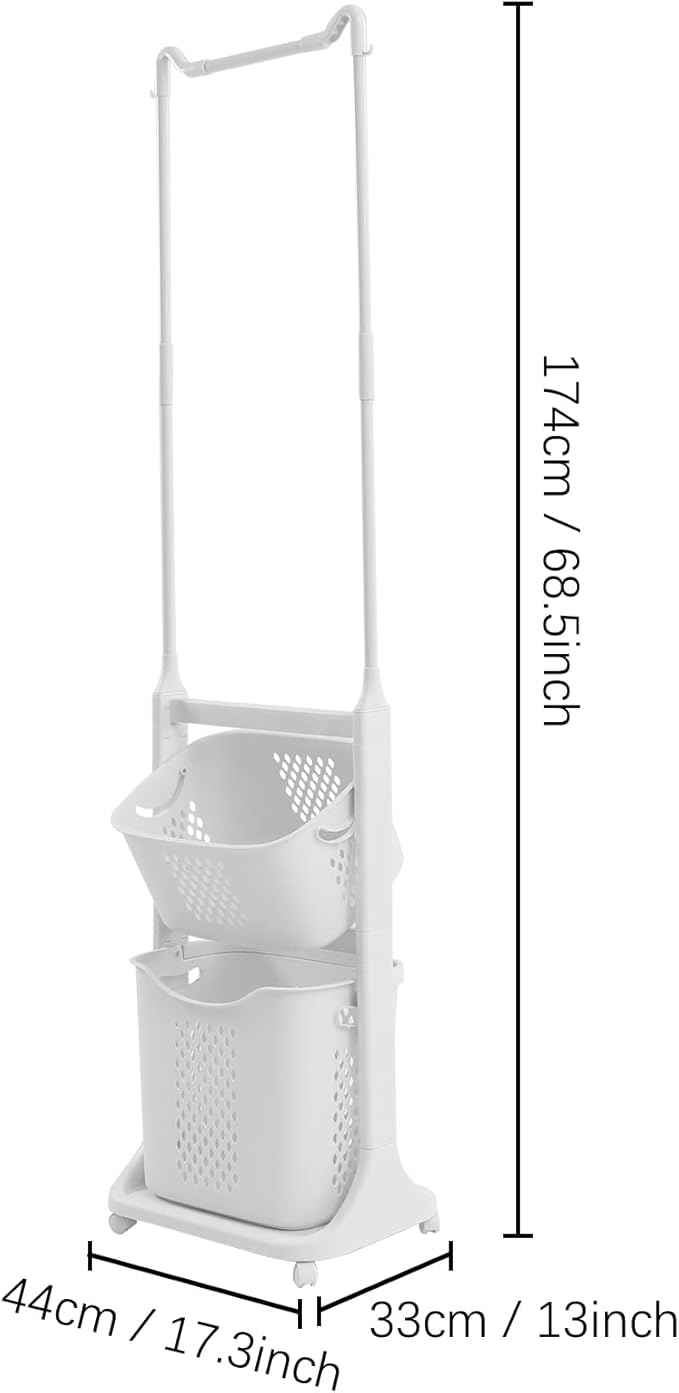 Laundry Sorter Cart with Hanging Rack, 2 Section Laundry Hamper Rack Shelf, Multi-layer Rolling Laundry Basket Clothes Storage Shelf Stand with Wheels, for Bathroom Household Kitchen, White