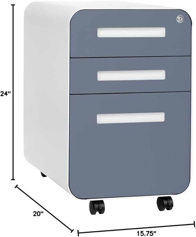 Laura Davidson Furniture Stockpile 3 Drawer File Cabinet with Lock - Under Office Desk Metal Filing Cabinet, Legal/Letter File Folders, Wheels and Stationary Feet, Pre-Assembled, Coastal Blue