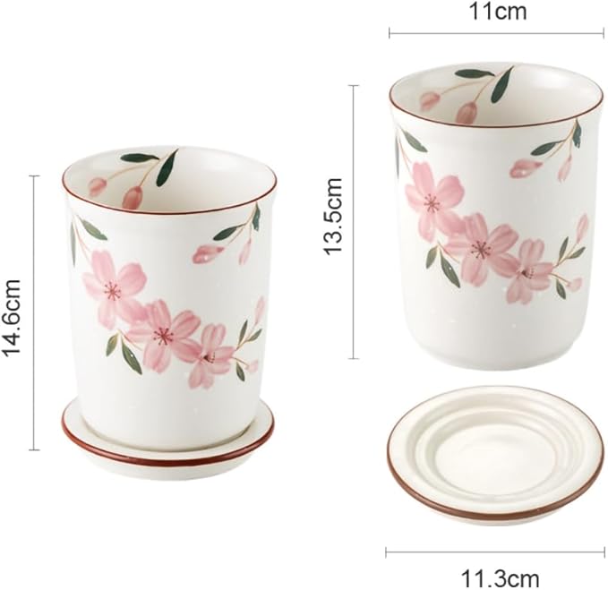 WAIT FLY Sakura Porcelain Kitchen Utensil Holder with Bottom Flatware Storage Organizer Utensil Crock for Countertop Kitchen Counter Decor