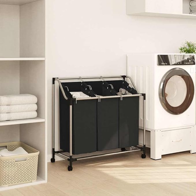 Laundry Sorter with 3 Bags Black Steel Frame, Heavy-Duty Rolling Cart with Removable Sorting Bags and Casters for Easy Transport, Durable Steel Frame Supports Large Loads