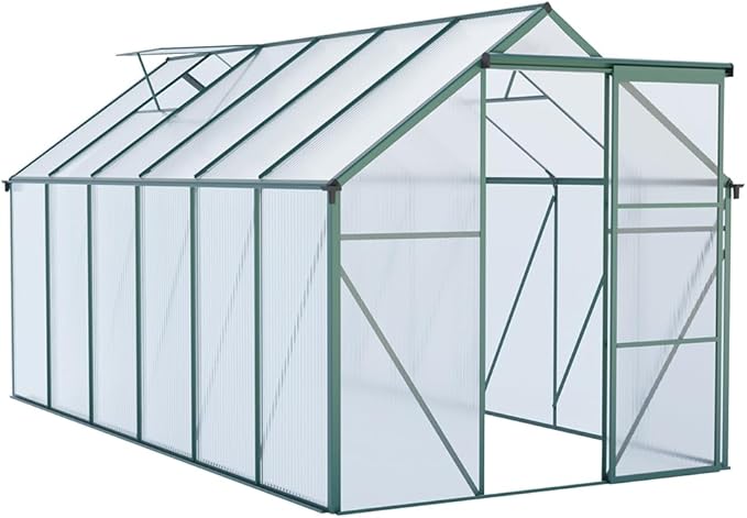 Polycarbonate Greenhouse with Rain Gutter and Roof Vent, Raised Base and Anchor Aluminum Heavy Duty Walk-in Green House, Outdoor Patio Sunroom with Sliding Door (Green, 122.44*74.8*76.77in)