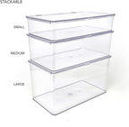 Isaac Jacobs Small Stackable Organizer Bin (10.75” x 6.5” x 2.4”) w Hinged Lid Clear Storage Box Home Office School Fridge Bathroom Kitchen Pantry Container BPAFree Food Safe (Small Clear) (Pack of 2)