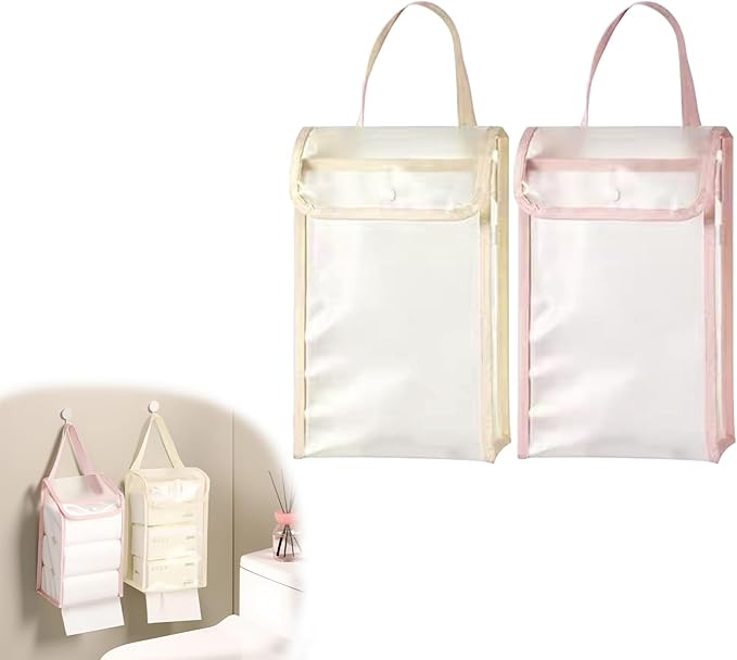 MIUPOO Toilet Paper Storage Bag,Reusable Roll Tissue Organizer,Large Capacity Toilet Paper Organizer,Free Standing Bathroom Set,Pink and Beige,2 Pieces. (2, Pink and Beige)