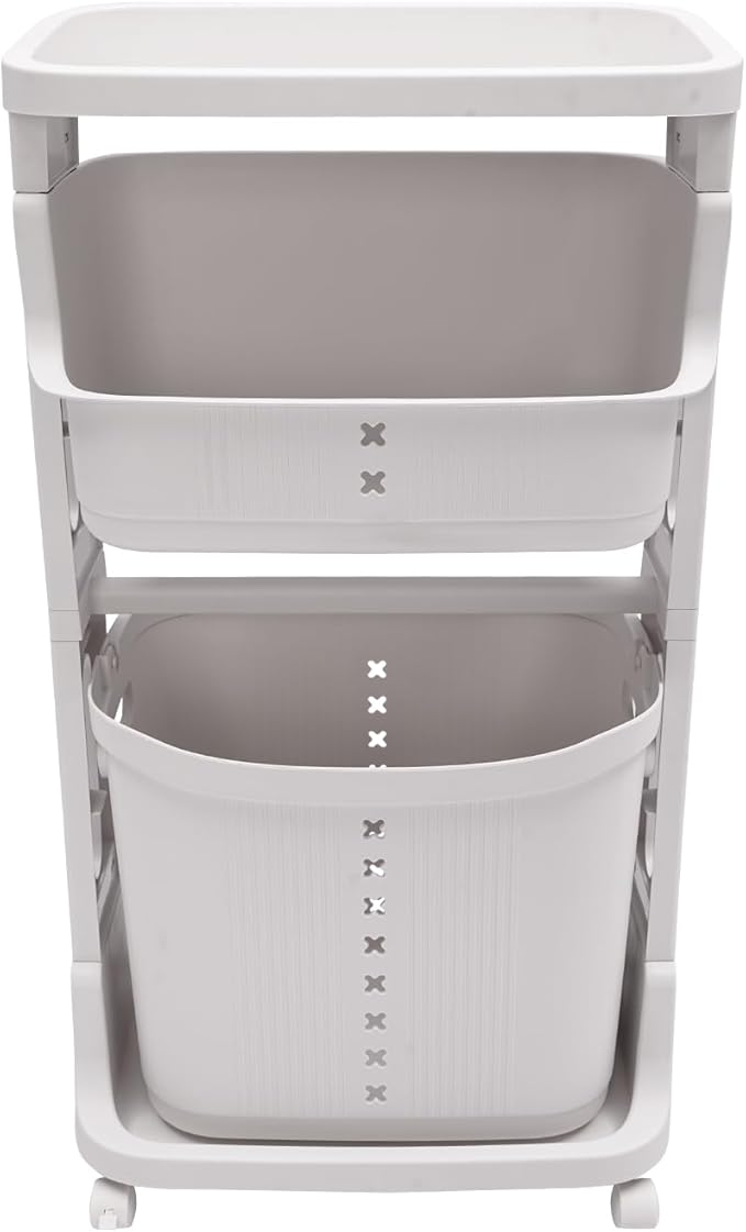 Laundry Basket Hampers,3-Layer Stackable Laundry Basket System Rolling Storage Cart, Vertical Laundry Sorter with Wheel for Kitchen Shelf,Fruit Stand,Clothes Basket (WHite)