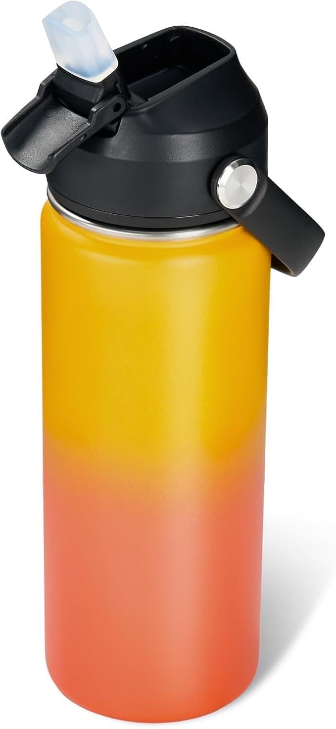 32oz Insulated Stainless Steel Water Bottle, Wide Mouth Double Wall Vacuum, Silicone Straw, Sweat & Leak Proof, BPA Free Insulated Water Flask for Travel, Keep Cold 24h Hot 12h, Orange