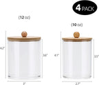Tbestmax 4 Pack Qtip Holder Dispenser Cotton Ball, Cotton Swab, Floss - 12oz, 10 oz Clear Plastic Apothecary Jars for Bathroom Organizer and Storage Containers (Bamboo Lids)