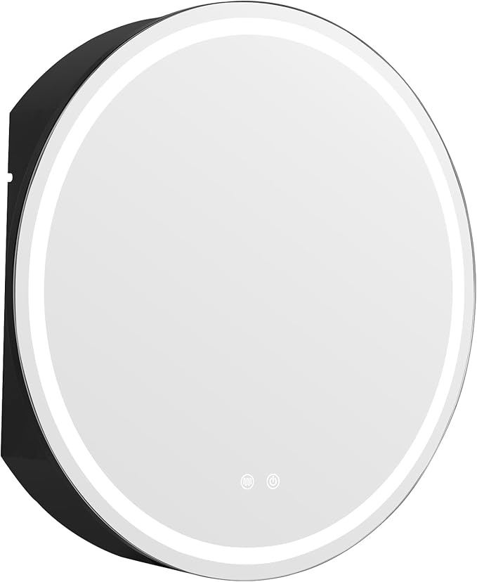 WallBeyond 28 in Round LED Medicine Cabinet with Mirror, Black Bathroom Cabinet with Storage, 3 Color Stepless Dimmable Lights, Anti-Fog, Memory Function, Hardwired, Surface Mount