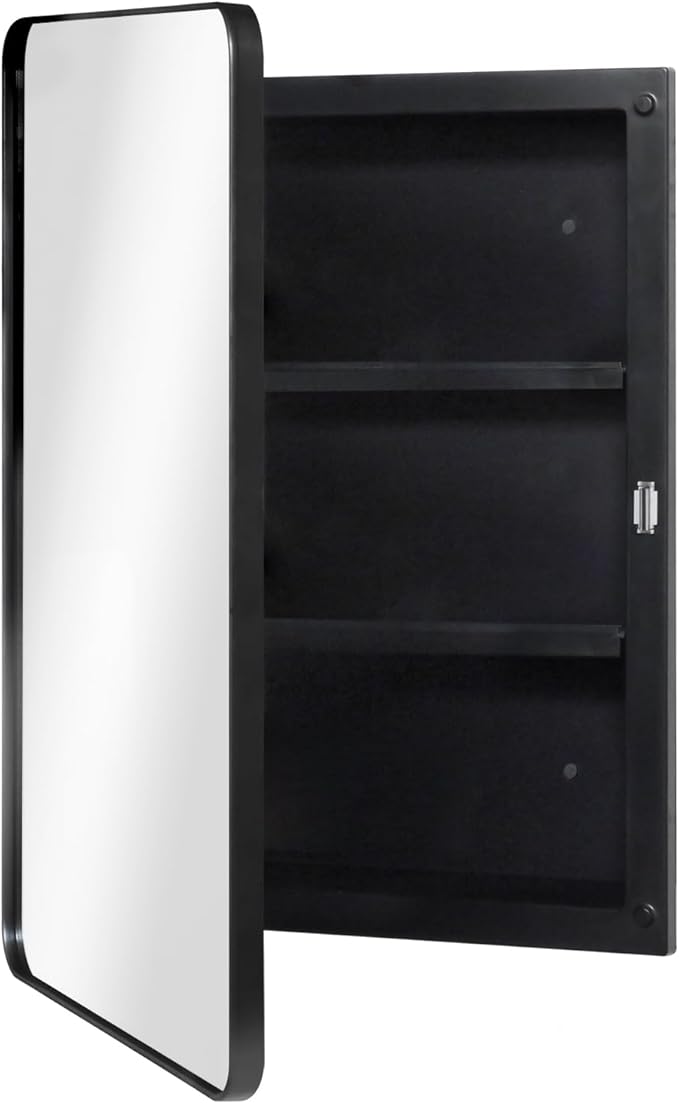 Fundin Plastic Black Medicine Cabinet, Mirror Door with Round Corner Metal Frame, Recessed and Surface Mount Bathroom Medicine Cabinet, 16 x 22 inch Mirror Size