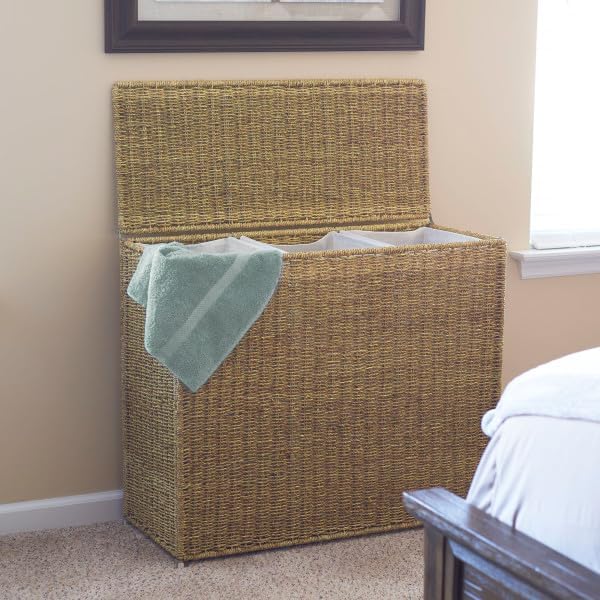 Household Essentials Brown ML-5445 Wicker 3 Compartment Laundry Sorter with Lid | 3 Section Clothes Hamper