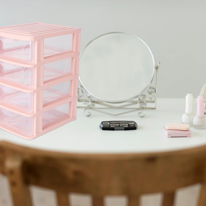 DOITOOL 4 Drawer Cube Storage Organizer Plastic Makeup Organizer Storage Station Cube, Desktop for Office Supplies, Makeup Supplies (Pink)