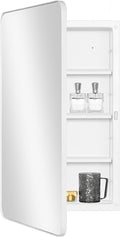 Fundin White Plastic Medicine Cabinet, Mirror Door with Round Corner Metal Frame, Recessed and Surface Mount Bathroom Wall Medicine Cabinet, 16 x 28 inch Mirror Size