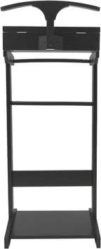 Freestanding Clothes Valet Stand with Storage Drawer, Black Wooden Suit Rack with Shoe Tray and Top Organizer, 43.3 Inches Height