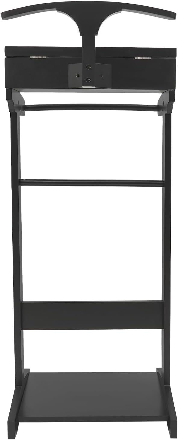 Wood Suit Rack Suit Stand for Man and Women Clothes Valet Suit with Drawer Freestanding Wood Mens Valet Stand for Entryway Office Living Room (Black)