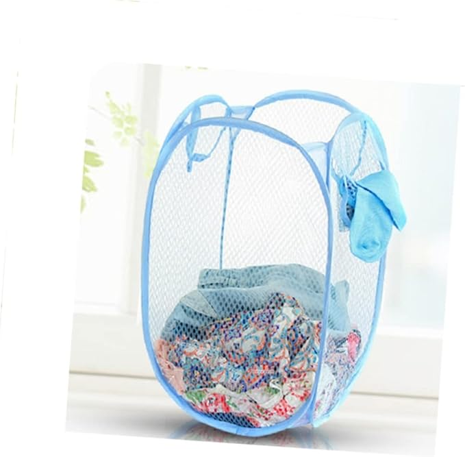 Foldable Pop Up Mesh Laundry Hamper with Side Pocket and Handles Breathable Clothes Basket for College Dorm Apartments Camping Easy Open and Flat Fold Storage Sky Blue