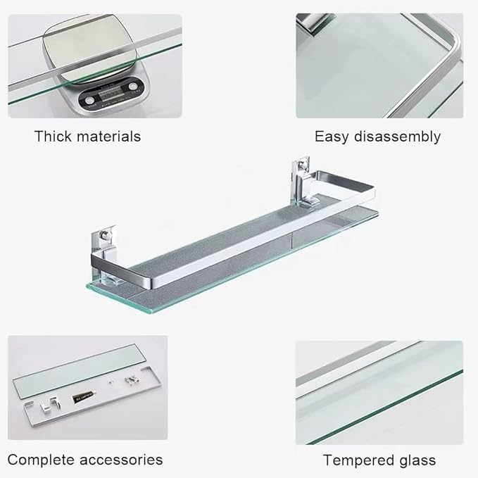 Bathroom Glass Shelf Tempered Glass Rectangular Extra Thick Aluminum Silver Sand Sprayed Wall Mounted 13.77 inches