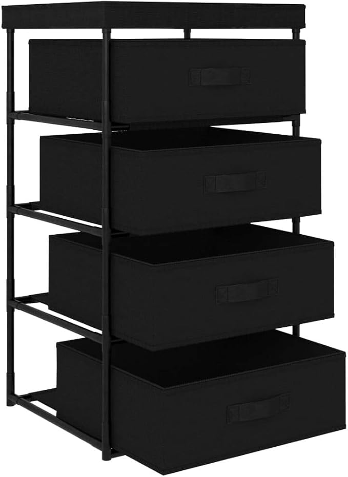 4 Tier Storage Organizer with Removable Fabric Baskets, Black Steel Shelf Unit for Bedroom Closet Organization, Space Saving Storage Rack for Home Office