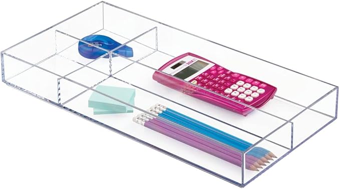 mDesign Plastic Stackable Office Divided Storage Drawer Organizer Tray for Cabinet, Desk, Shelf, or Closet Organization - Holds Note Pads, Pens, Tape, Staples, Scissors, Lumiere Collection - Clear