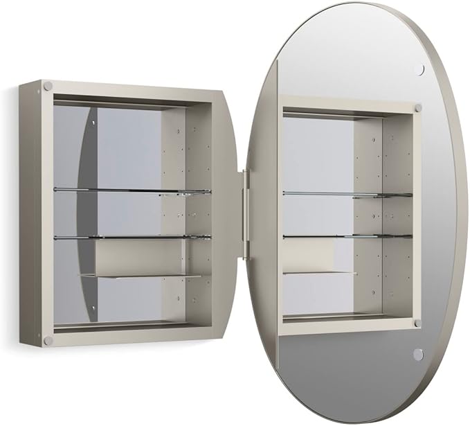 Kohler 35571-BNL Verdera® Bathroom Medicine Cabinet with Mirror, Oval Design, Mirrored Interior, Adjustable Glass Shelves, Rustproof Aluminum, 24 in. W x 34 in. H, Brushed Nickel