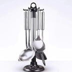 Kitchen Cooking Utensil Rack, 360 Degree Rotating Stainless Steel Kitchen Ware Organizer, Ware Storage Rack with 6 Hooks for Spatula Scoop Spoon, etc.