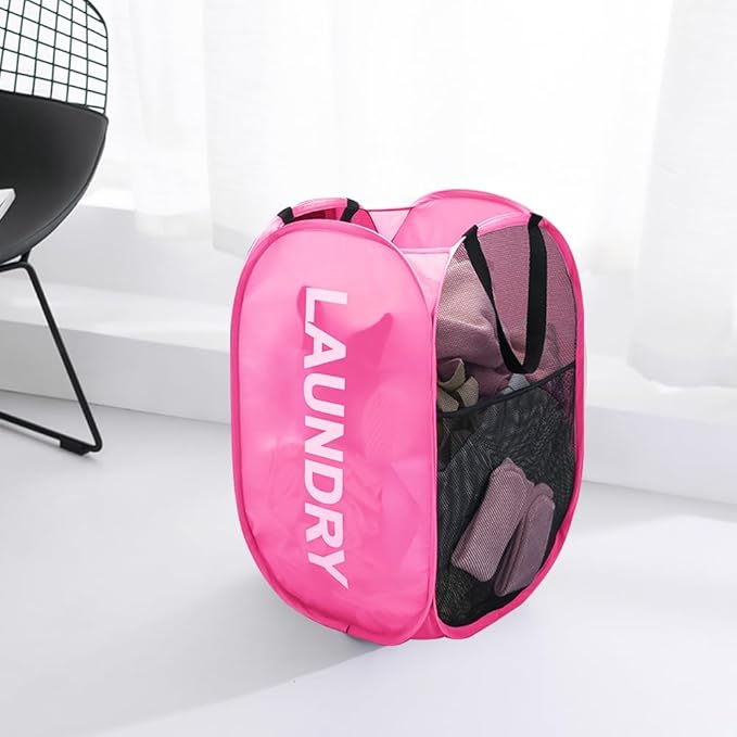 Mesh Popup Laundry Baskets, Collapsible Laundry Hampers, 2 Pack Clothes Hampers Storage Basket for Home, Bathroom, College Dorm, RV Cruise, Travel (Pink + Blue)