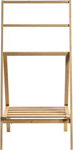 MyGift 3 Tier Free Standing Towel Rack for Bathroom, Pool Outdoor, Foldable Blanket Ladder with Storage Shelf, 43" H Bath Towel Holder Organizer Drying Rack, Light Brown Solid Bamboo Quilt Rack