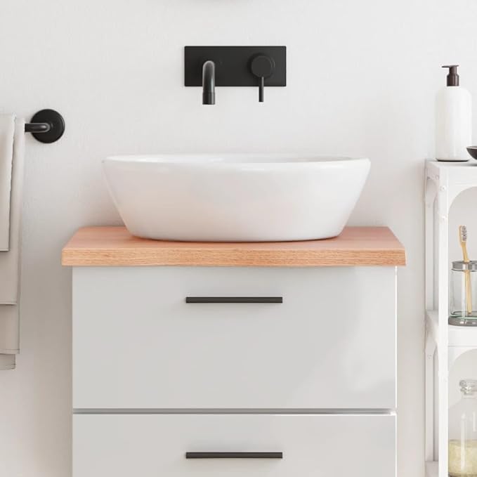 vidaXL Countertop-Treated Solid Oak Wood-Bathroom Vanity Top-Deskl Natural Light Brown-Live Edge Design-Measures 23.6"x23.6"x(0.8"-1.6")