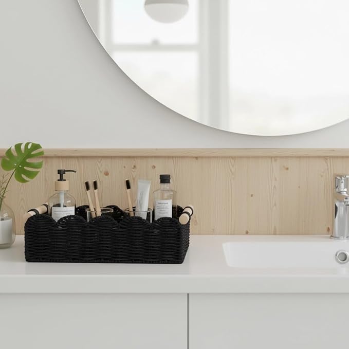 Black Paper Rope Scalloped Basket with Wooden Handles, Modern Bathroom Counter Organizer Basket for Vanity, Toilet Tank Top, Shelves & Coffee Table – 14" x 6.3" x 3.9"