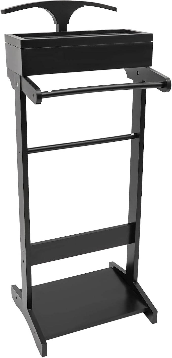 Clothing Rack with Top Tray,Tall Closet Storage Organizer Suit Valet Stand for Man,Steamer Stand Dresser Hat Holder,Tie & Belt Hooks and Shoe Rack for Entryway Office Living Room (black)