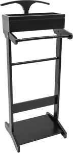 Valet Stand with Drawer and Top Tray, Wood Mens Suit Valet Stand with Wood Base, Freestanding Clothes Valet Stand with Hanger, Storage Organizer for Entryway Office Living Room (D, Black)